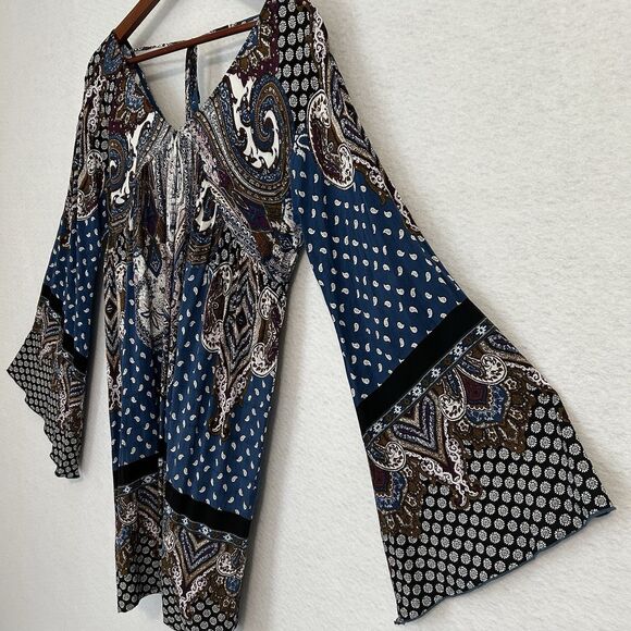 Velzera Mini Dress Women M Blue Multi Paisley TieBack Boho Peasant Gypsy Cottage - Picture 11 of 16